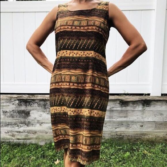 SAG Harbor vintage 90’s brown boho print dress petite size Large or 10P - Picture 1 of 12